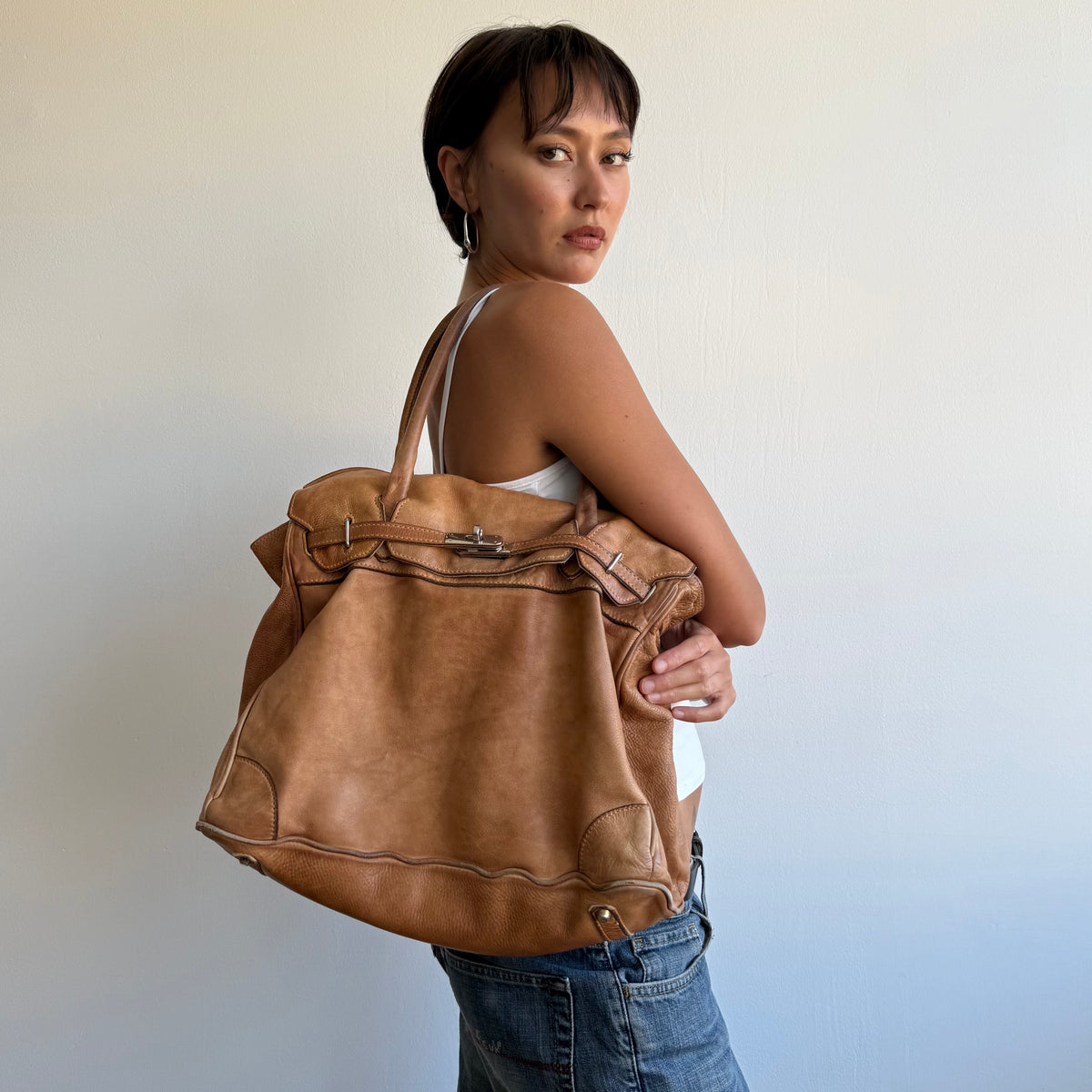 Peach leather firkin bag - One Size