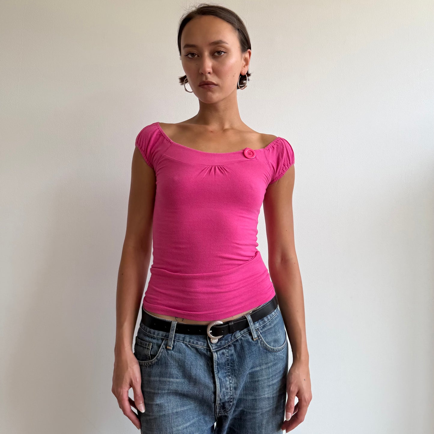 Hot pink button bardot top - Size S/M
