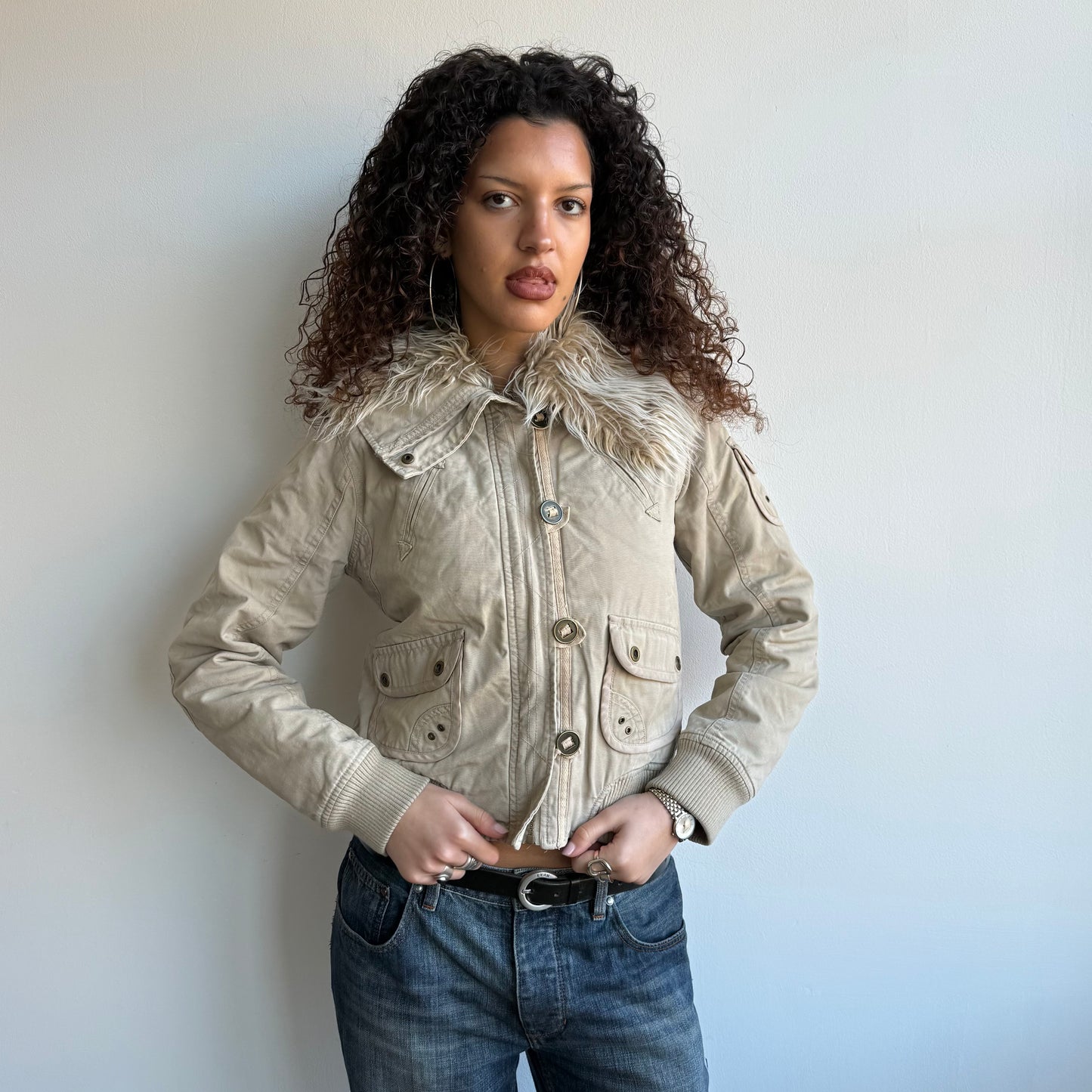 Beige fur collar bomber - Size M