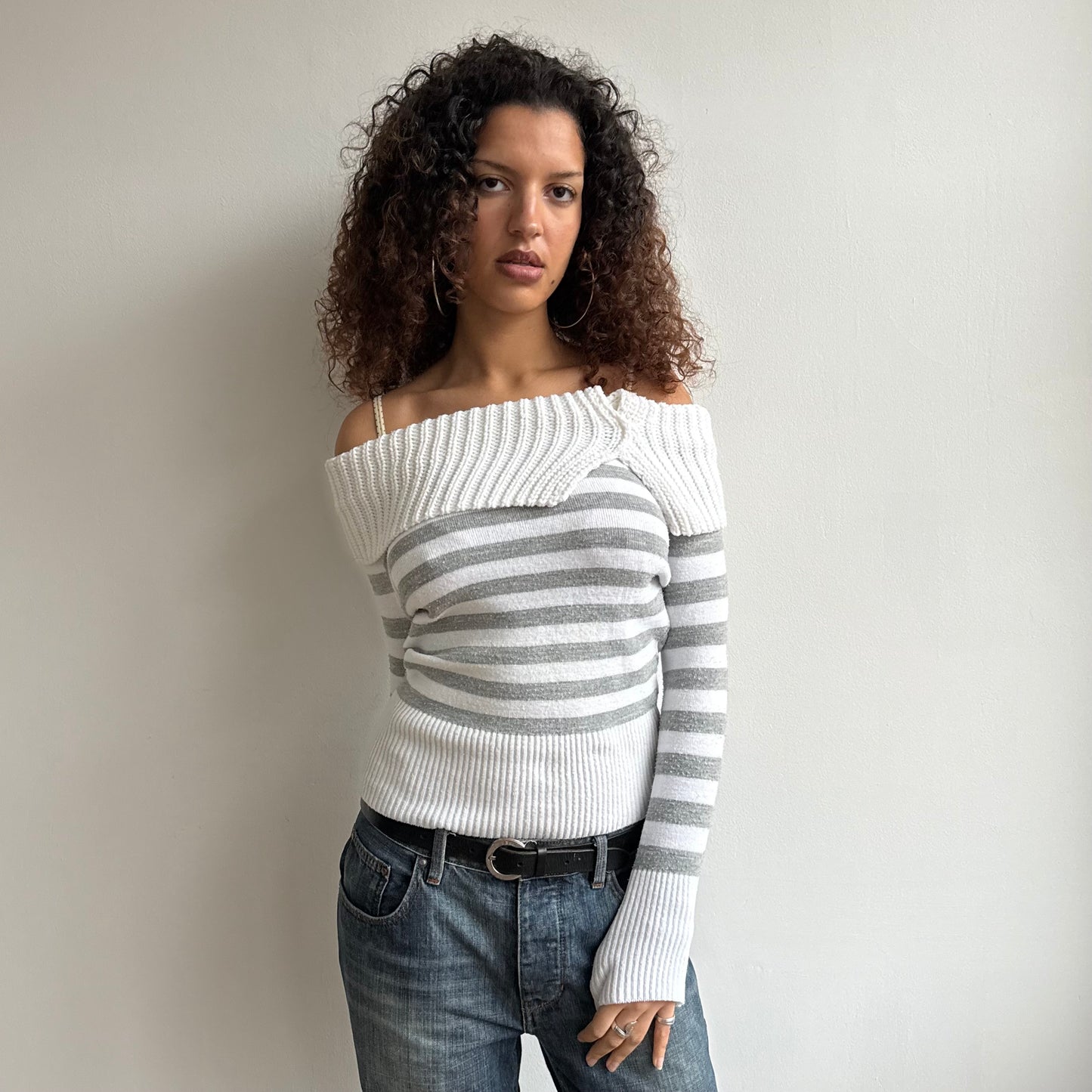 Grey + white bardot knit - Size M