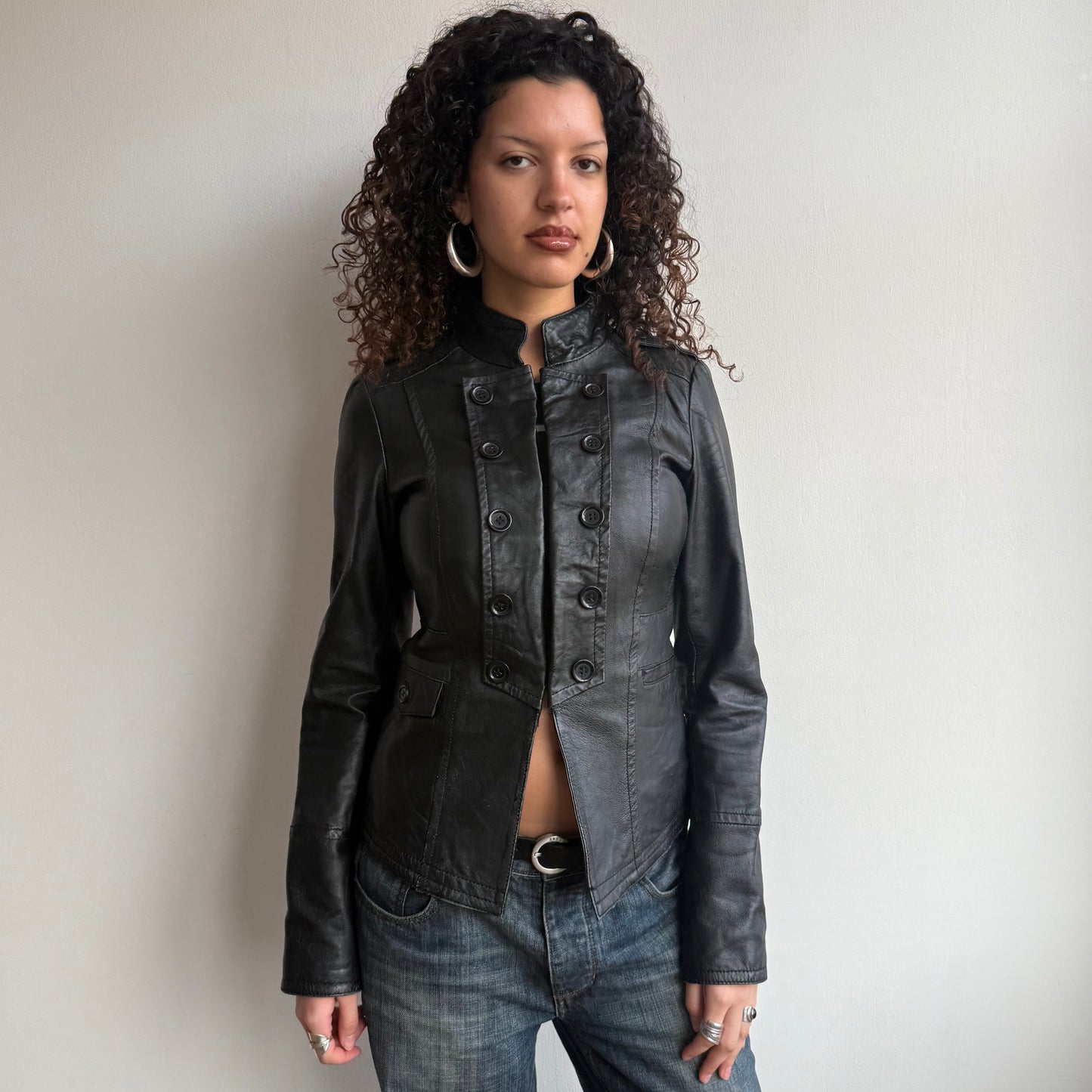 Black leather military jacket - Size S/M