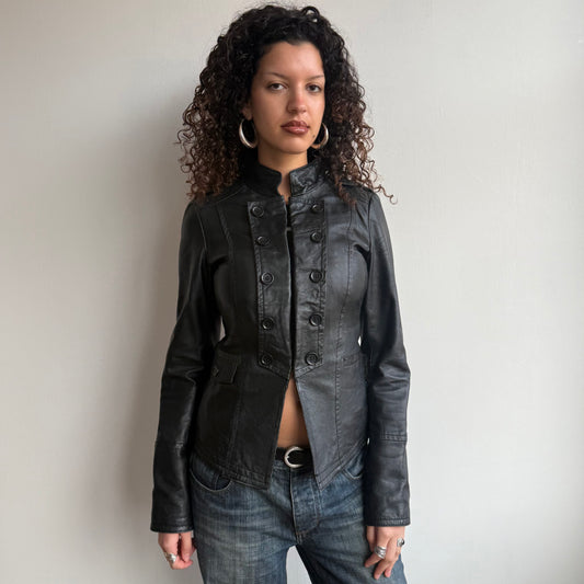 Black leather military jacket - Size S/M