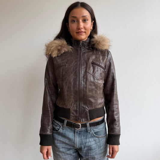Brown leather fur hood bomber - Size S