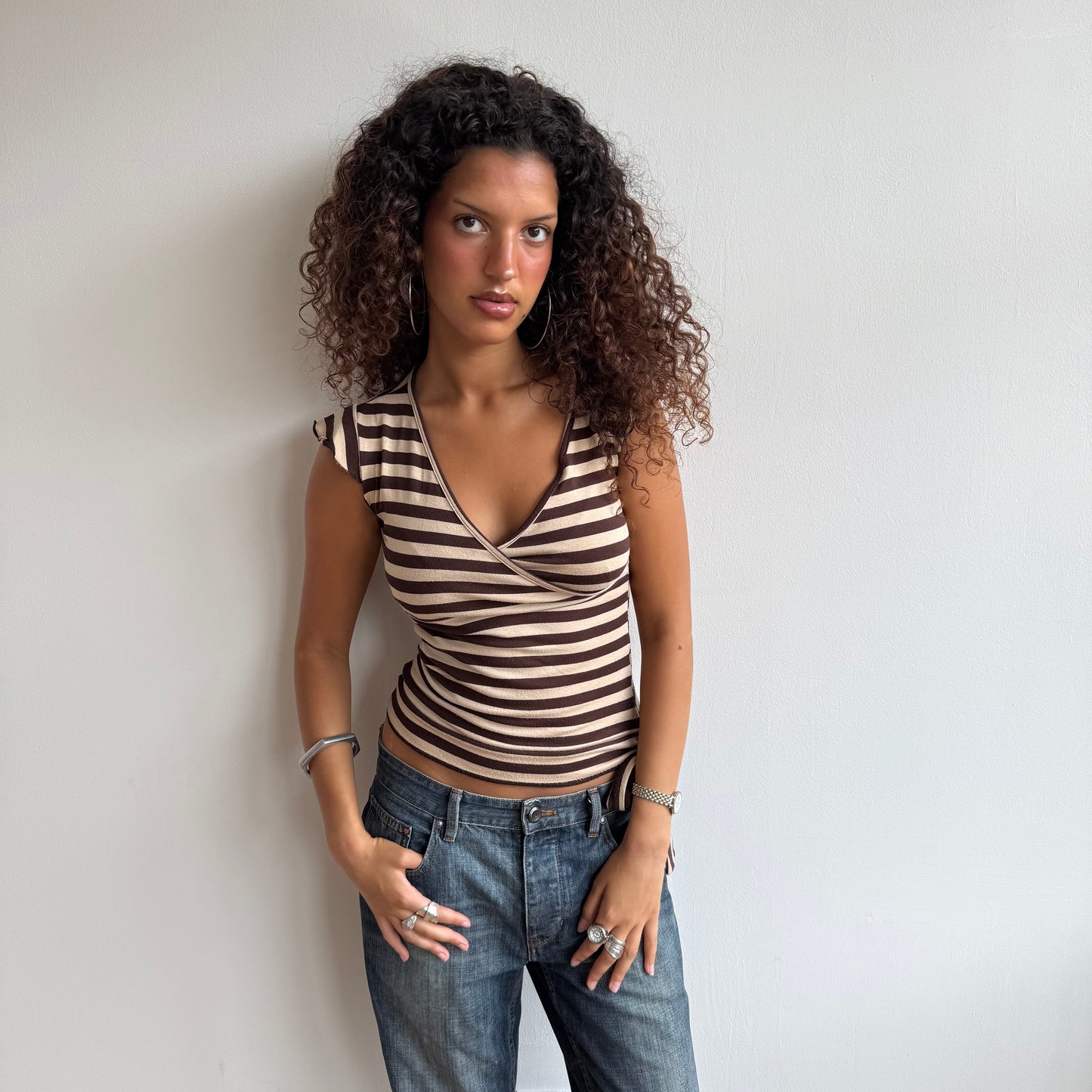 Beige + brown stripe top - Size S