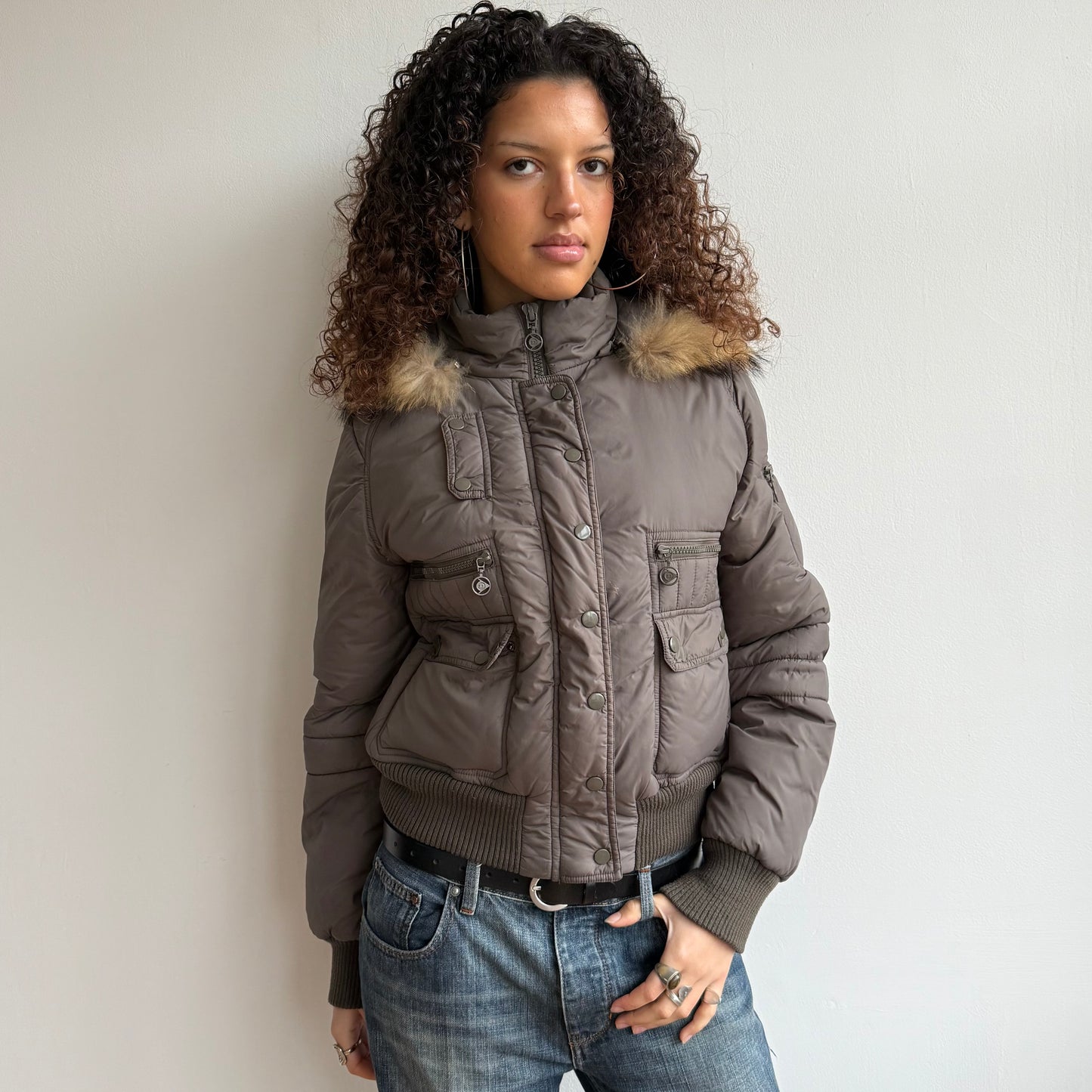 Brown fur trim puffer - Size M