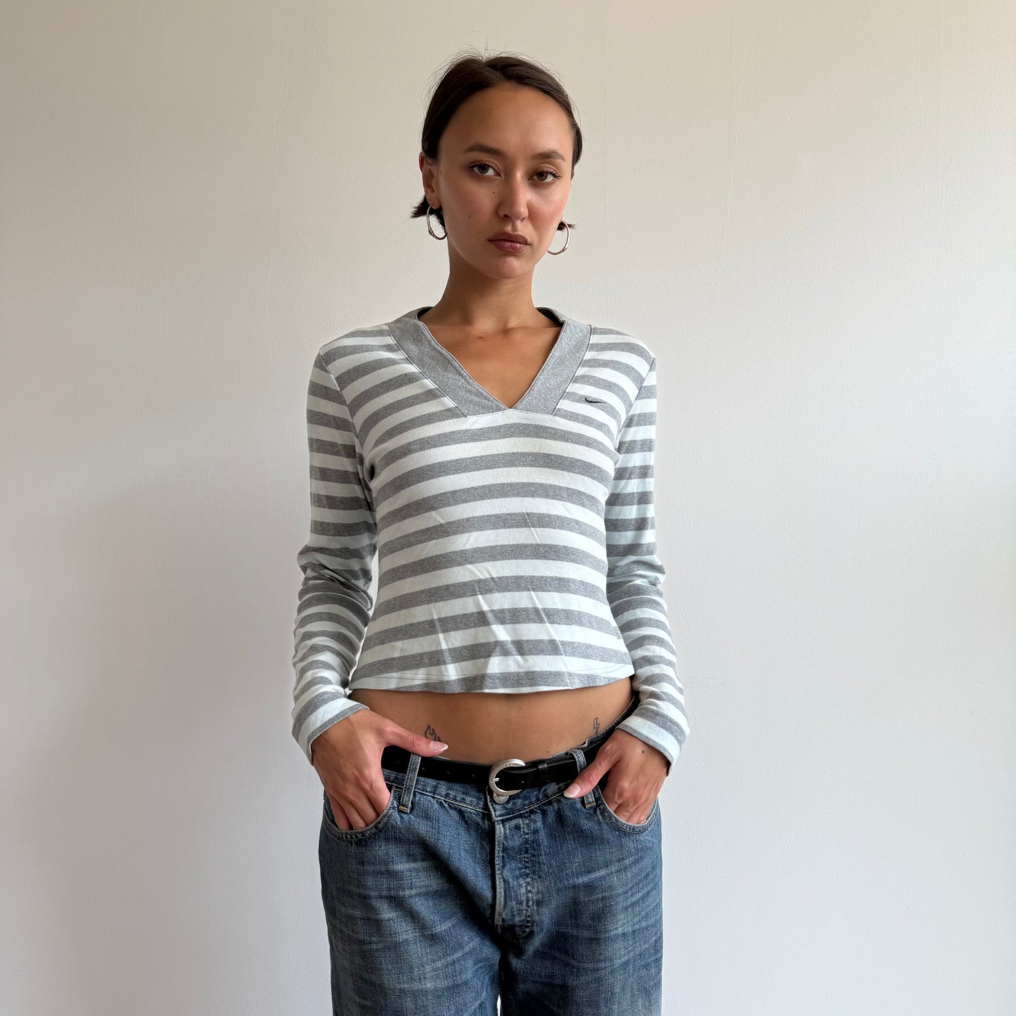 Grey Nike stripe v-neck top - Size S