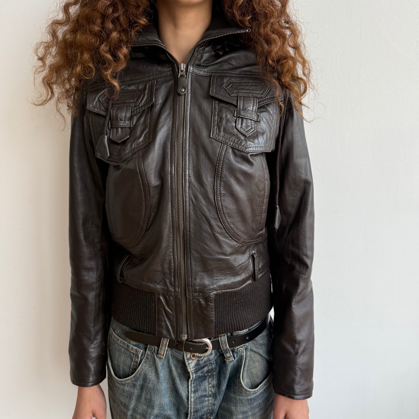 Brown leather fur hood bomber with belt - Size M