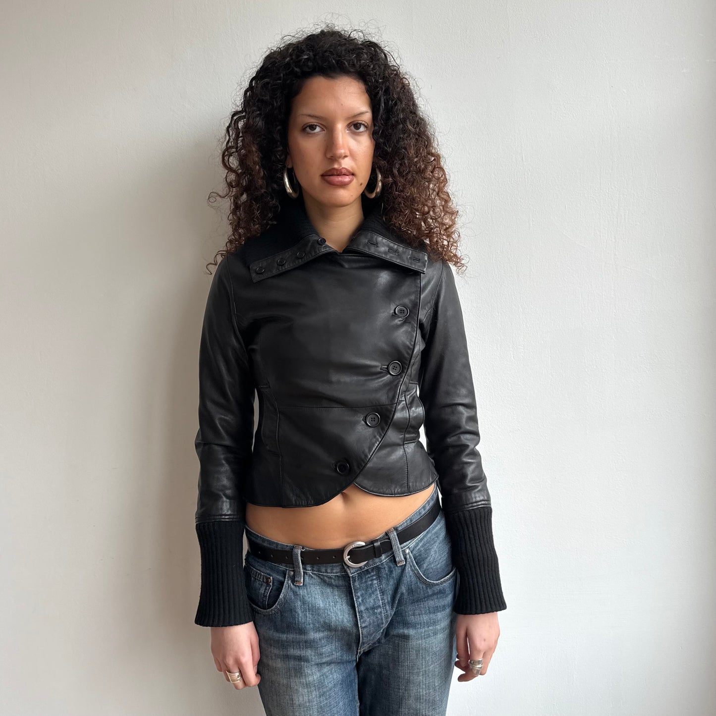 Black leather asymmetric peacoat - Size XS