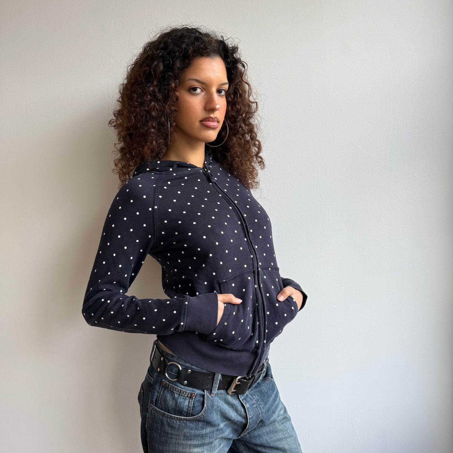 Navy polka dot hoodie - Size S