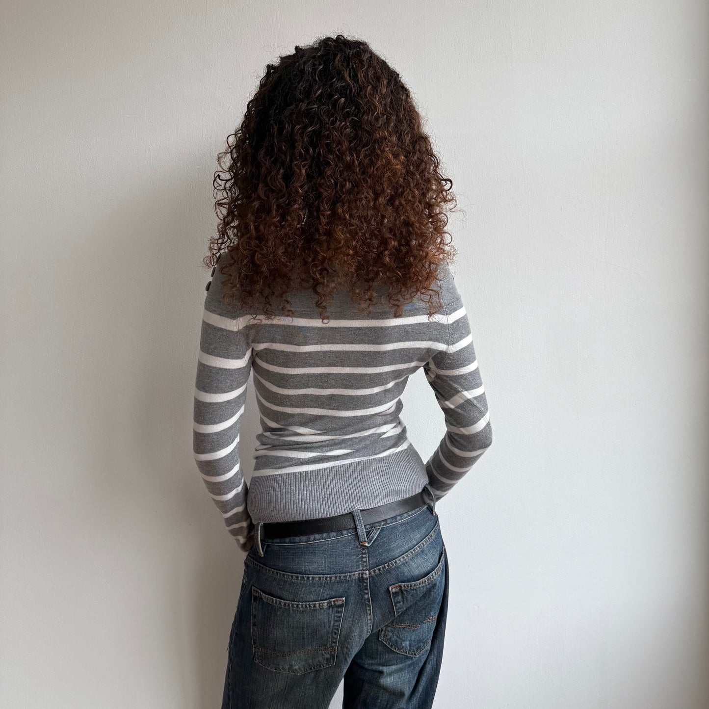 Grey + white striped bardot knit - Size S/M