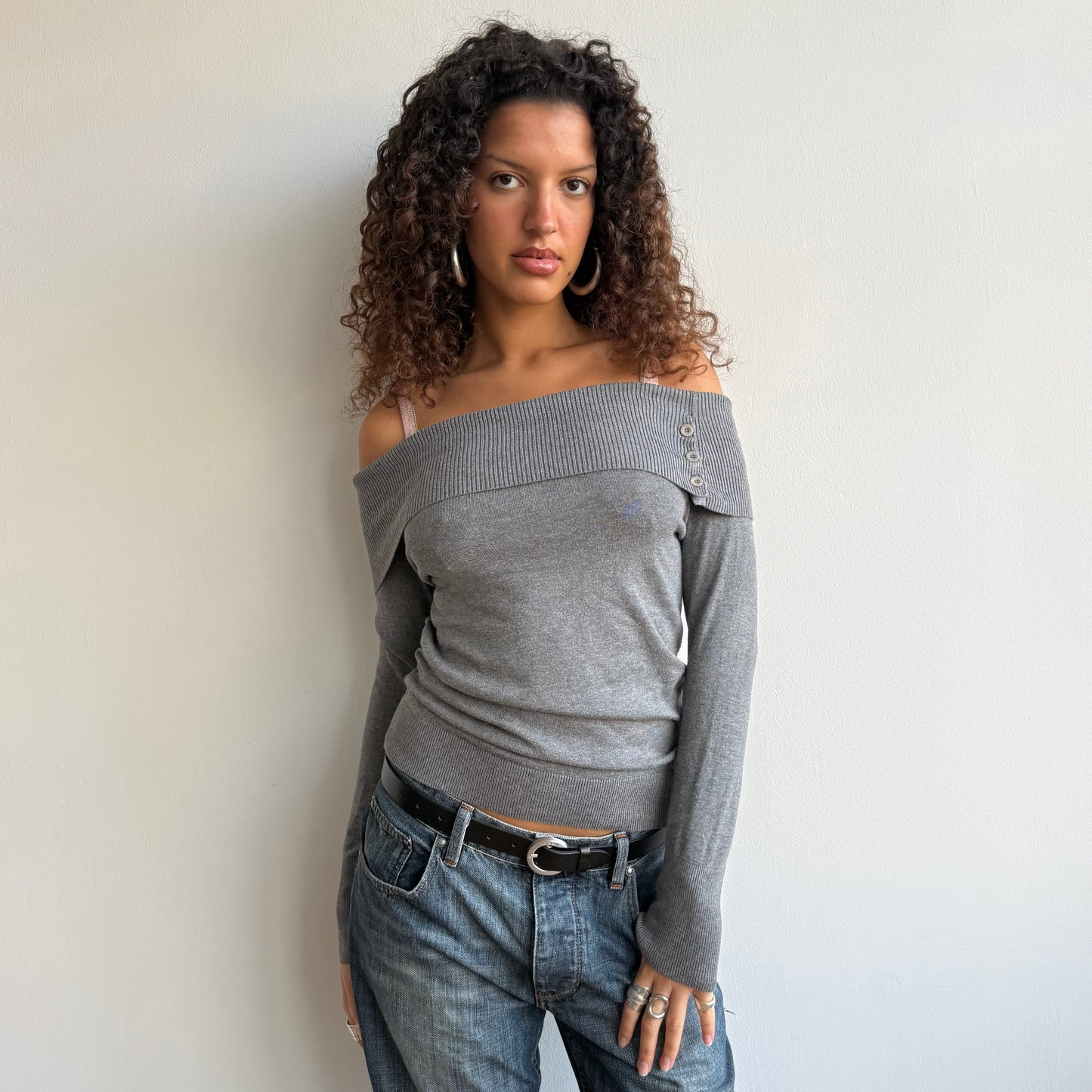 Grey button bardot knit - Size S