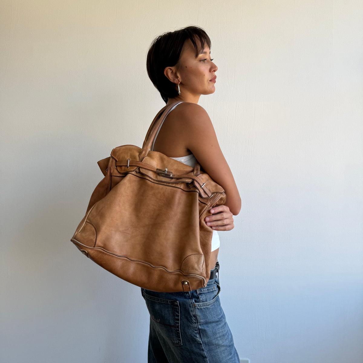 Peach leather firkin bag - One Size