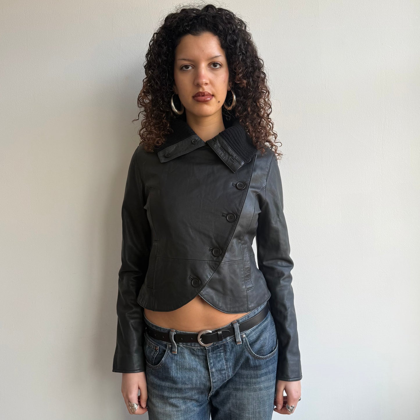 Black leather asymmetric peacoat - Size S/M