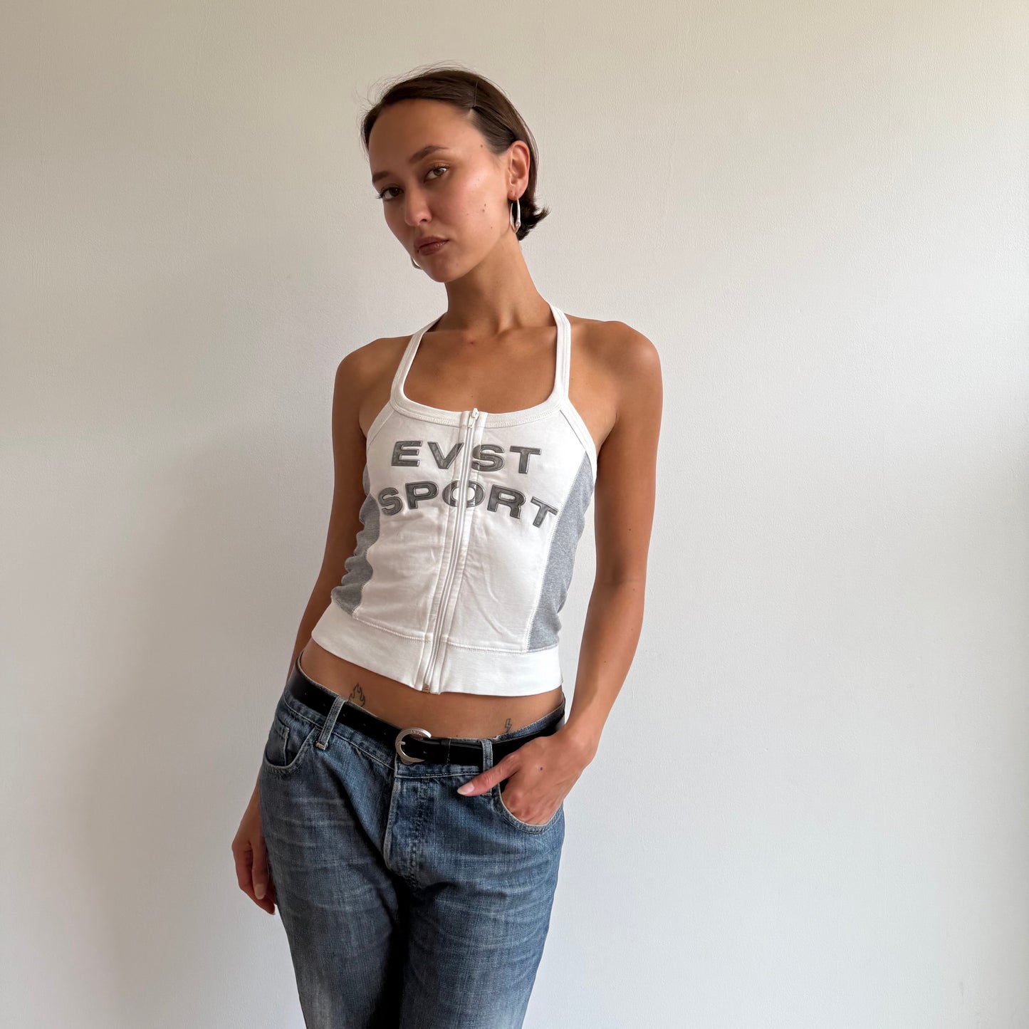 Grey + white sporty halter top - Size S