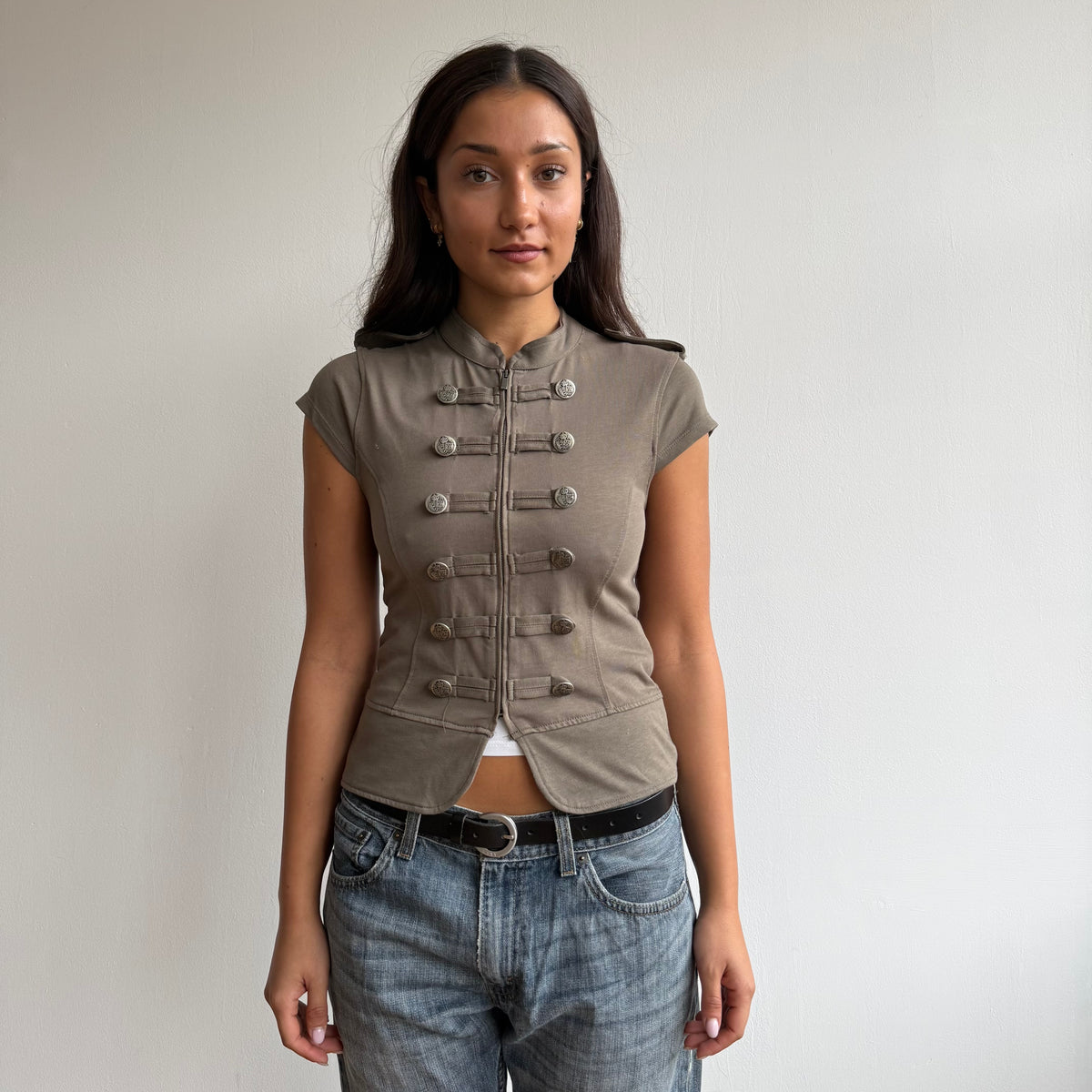 Khaki military zip up jumper - Size S