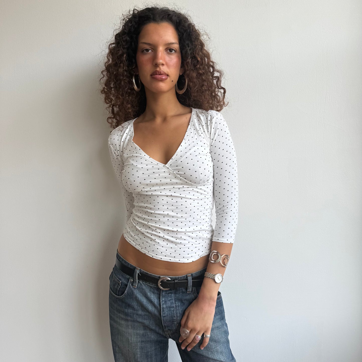 White micro polka dot wrap top - Size S
