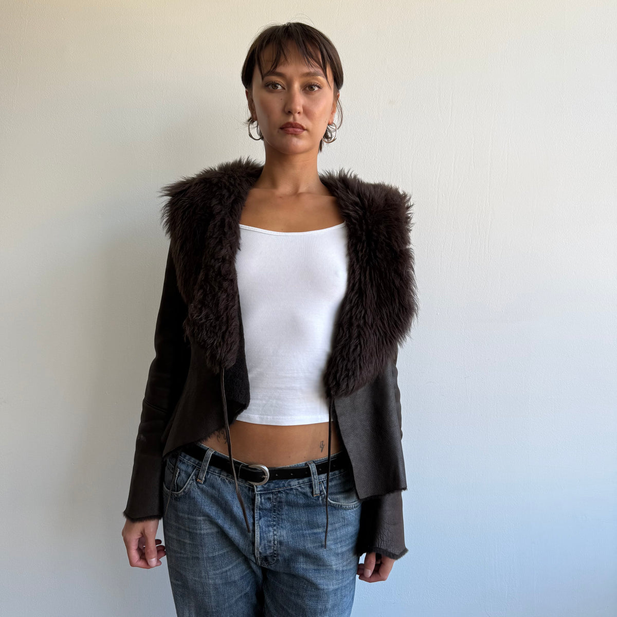 Brown leather fur tie afghan - Size S