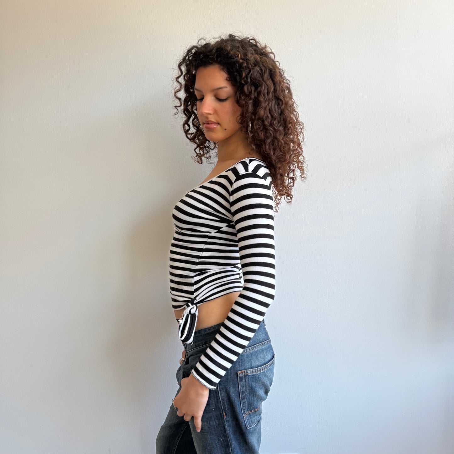 Black + white striped long sleeve wrap top - Size S