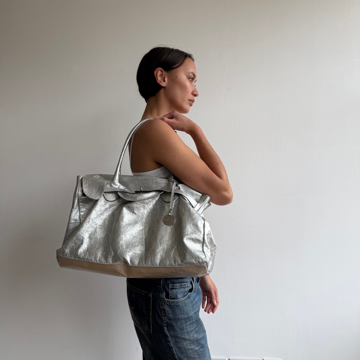Silver leather ‘firkin’ bag - One Size