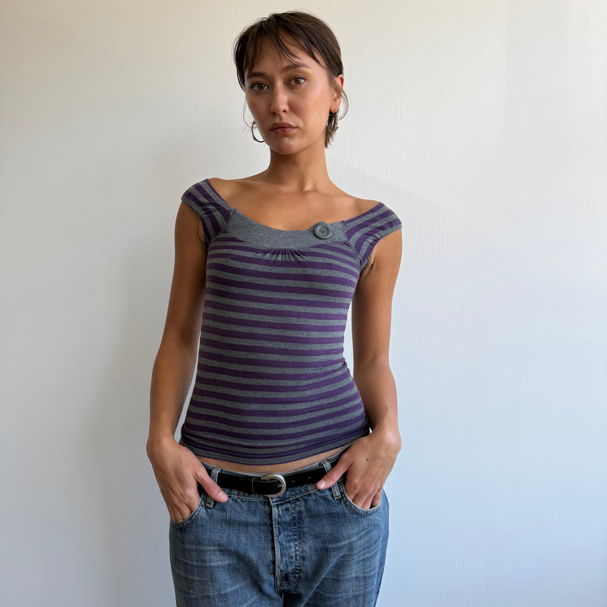 Purple + grey striped button top - Size XS