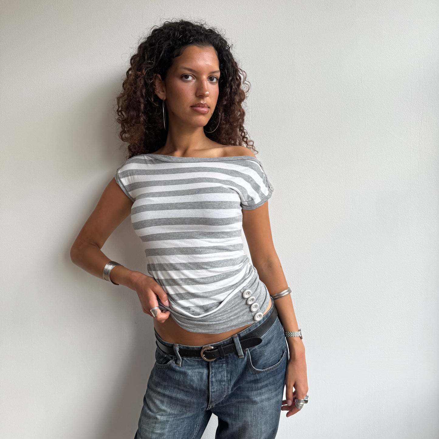 Grey stripe slouchy button top - Size S