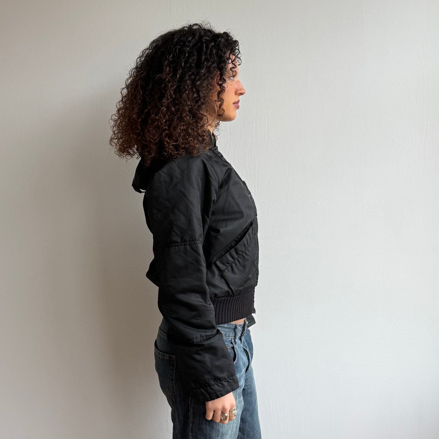 Black real fur hood bomber - Size S