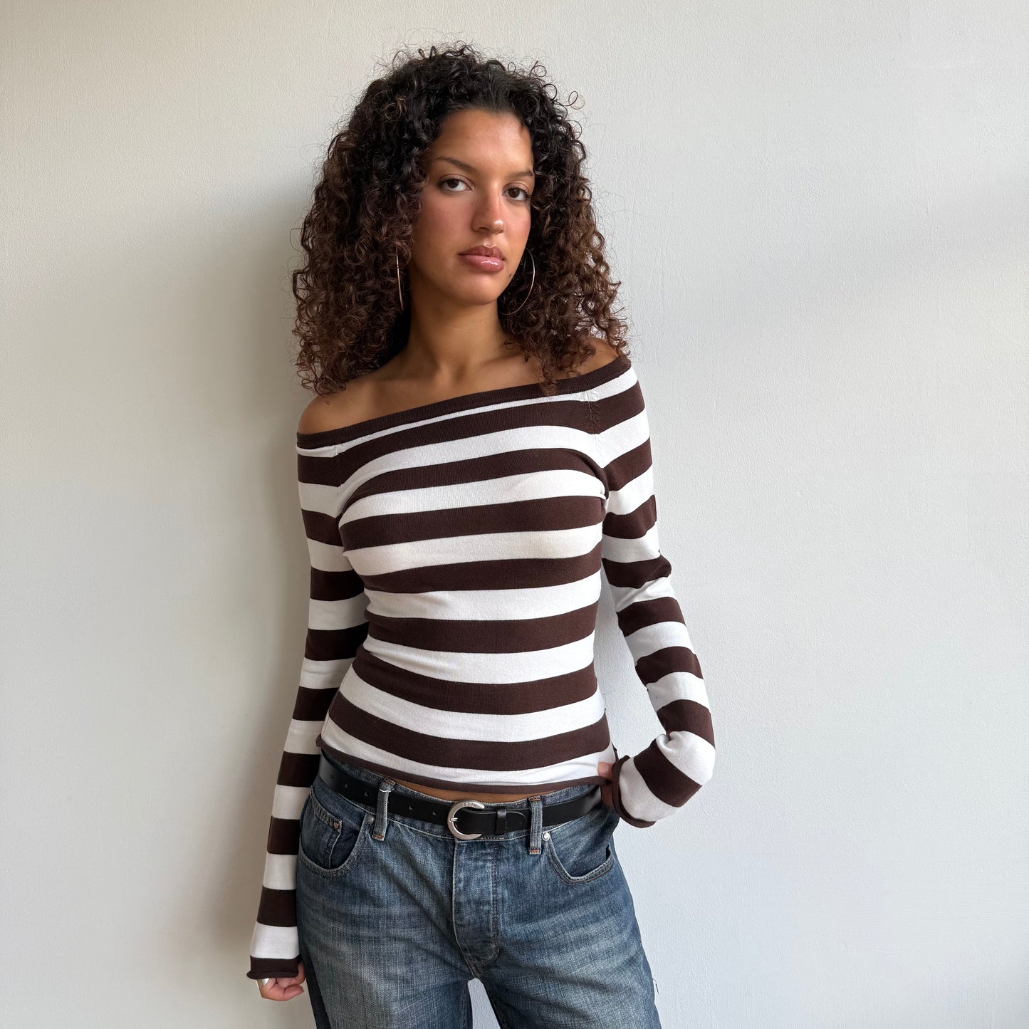 Brown and white striped Bardot knit - Size S
