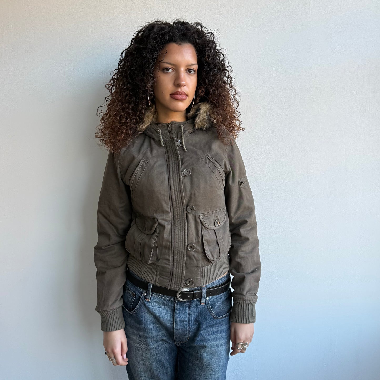 Khaki cargo bomber faux fur hood - Size S/M