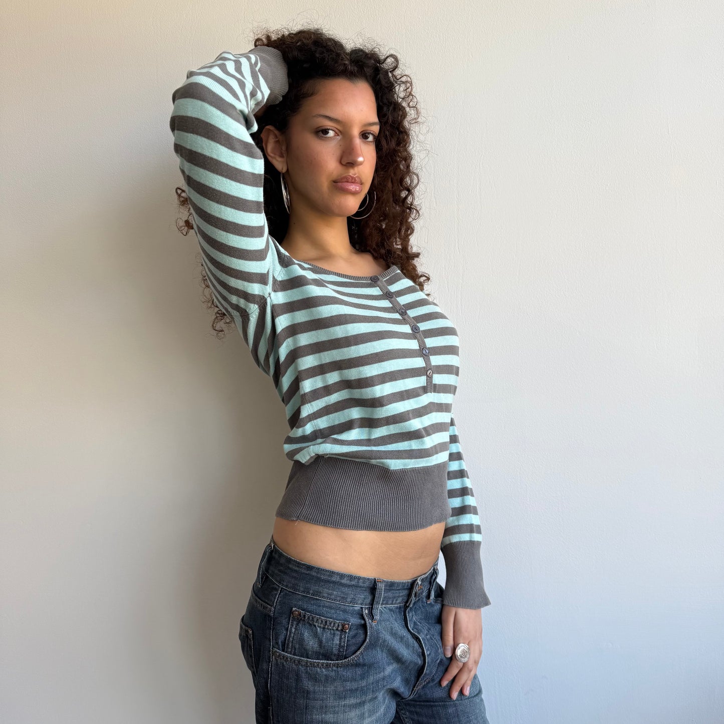 Turquoise + grey striped knit- Size S
