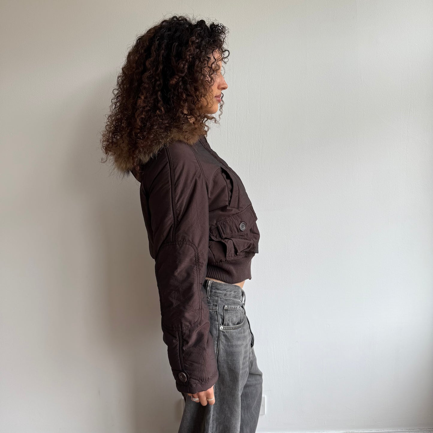 Brown puffer fur hood - Size M