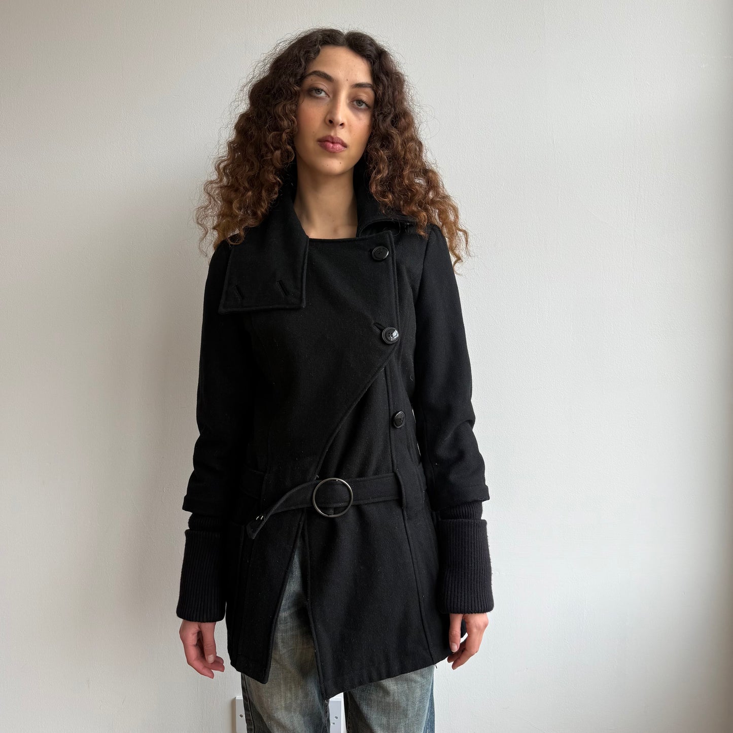 Black asymmetric belt coat - Size M