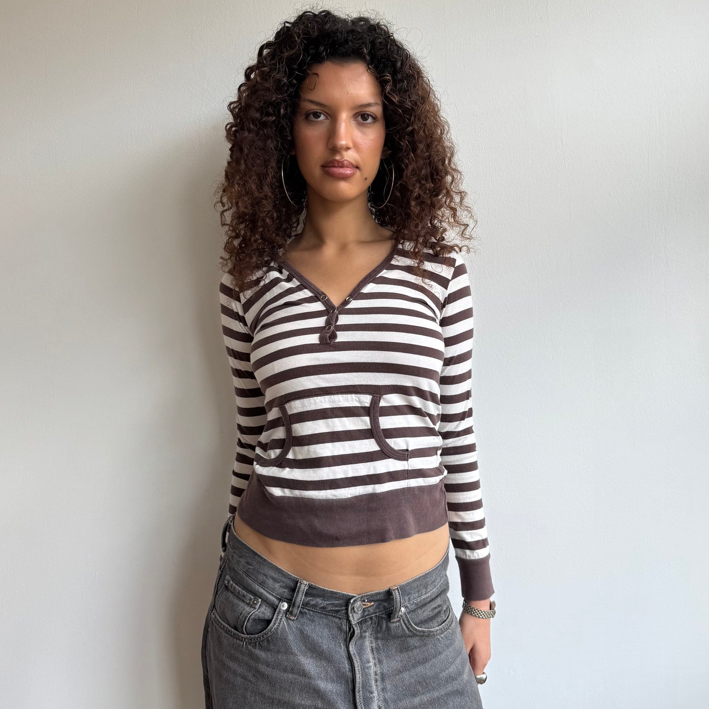 Brown + white striped hooded top - Size S