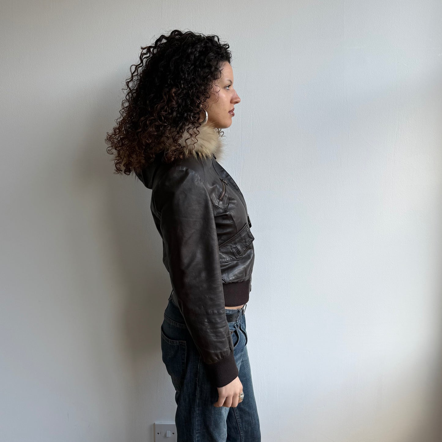 Dark brown leather zip fur hood jacket - Size M
