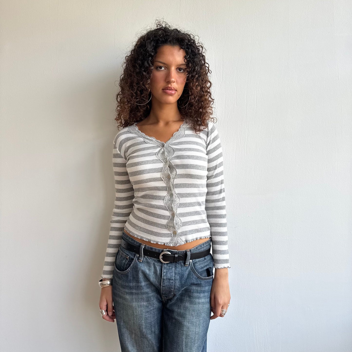 Grey + white stripe cardi - Size S