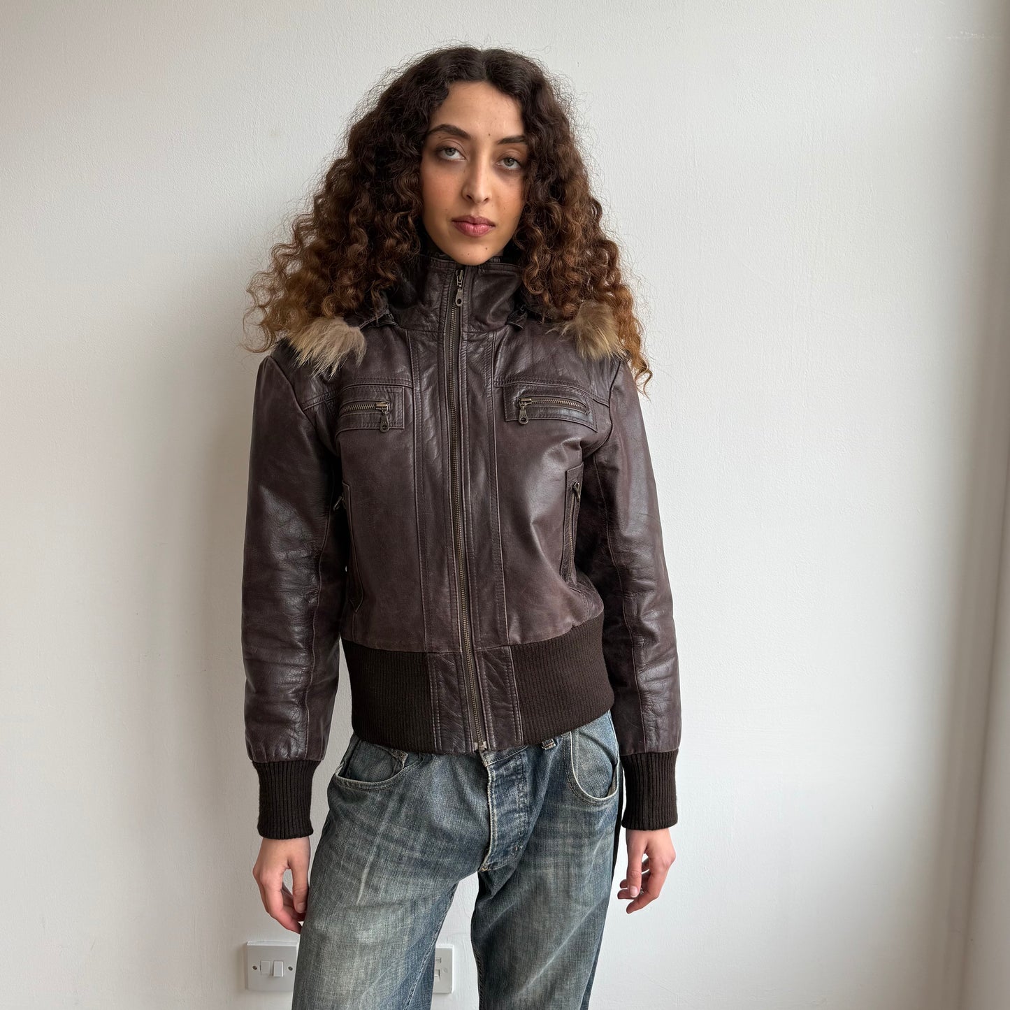 Brown leather fur hood bomber - Size M/L