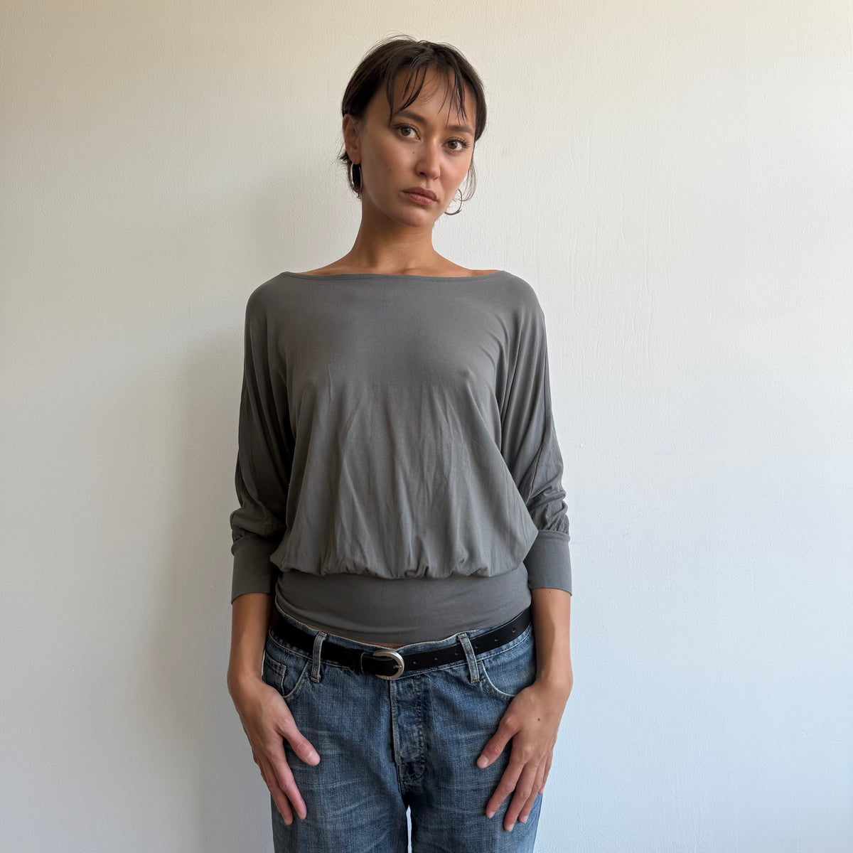 Charcoal grey batwing slouchy top - Size M