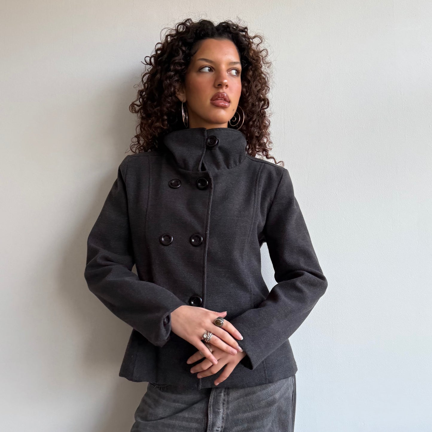 Grey button neck peacoat - Size L