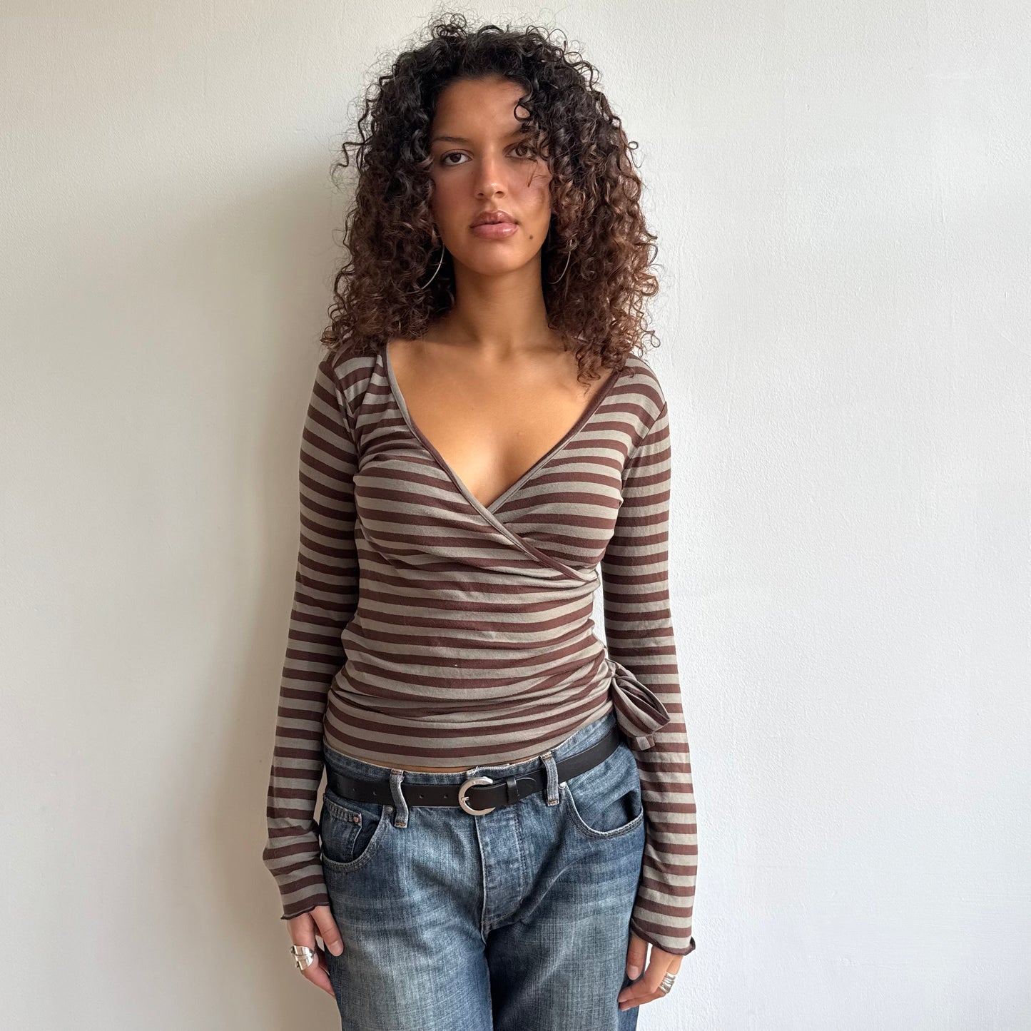 Khaki + brown striped long sleeve top - Size M