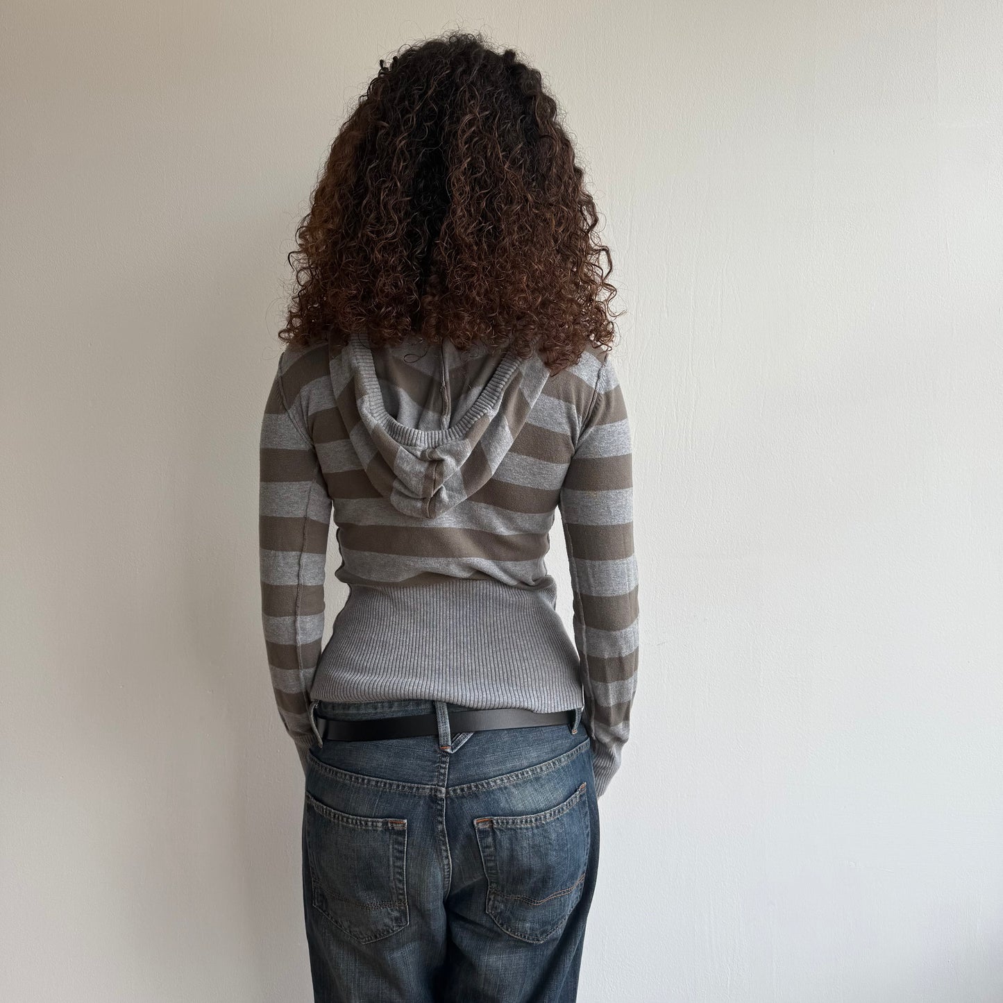 Grey + khaki striped knit hoodie - Size S/M + L