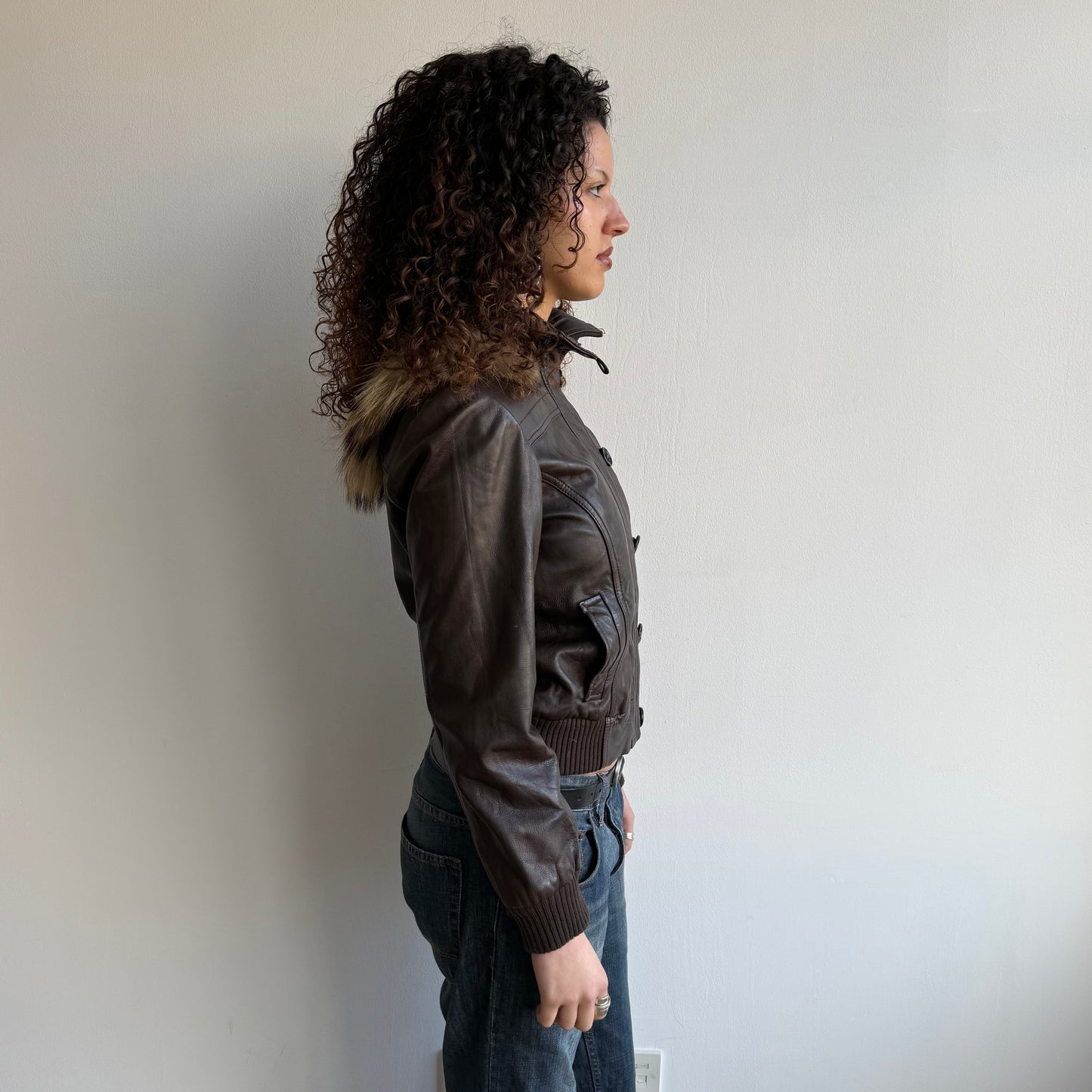 Chestnut brown leather fur hood bomber - Size S/M