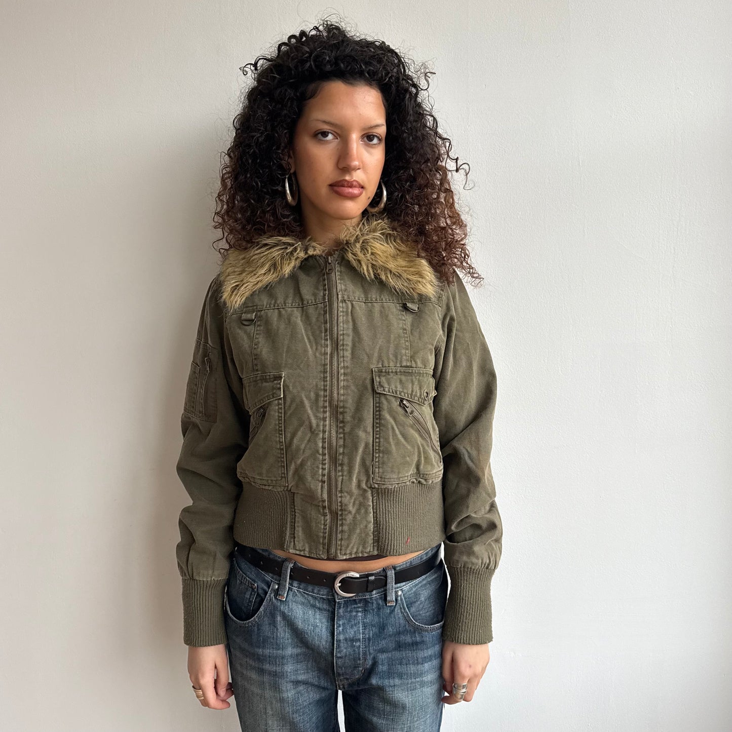 Khaki faux fur collar bomber - Size M
