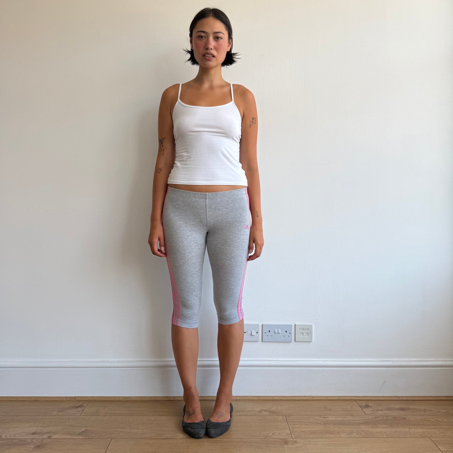 Adidas grey + pink 3 stripe capris - Size XS