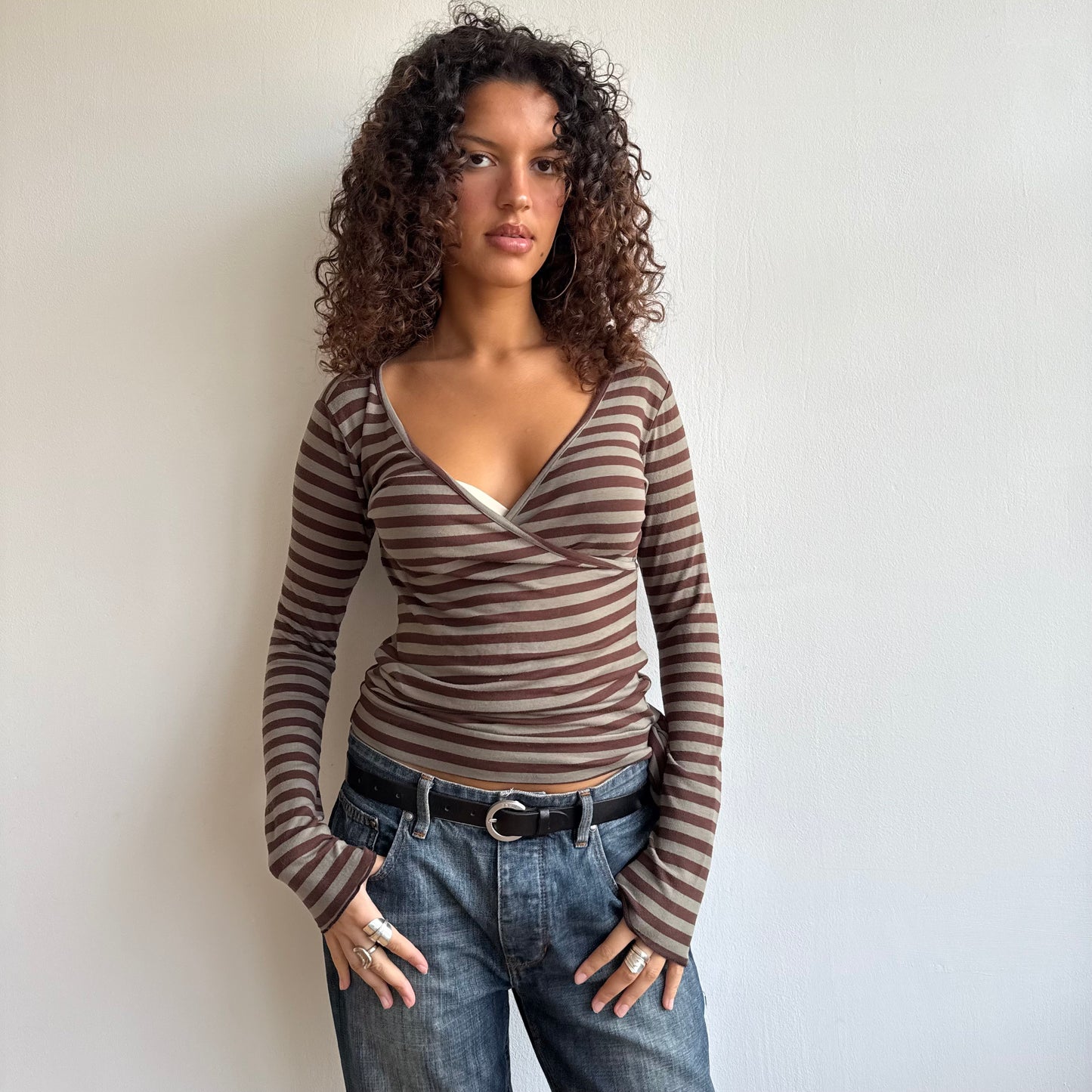 Khaki + brown striped long sleeve top - Size M