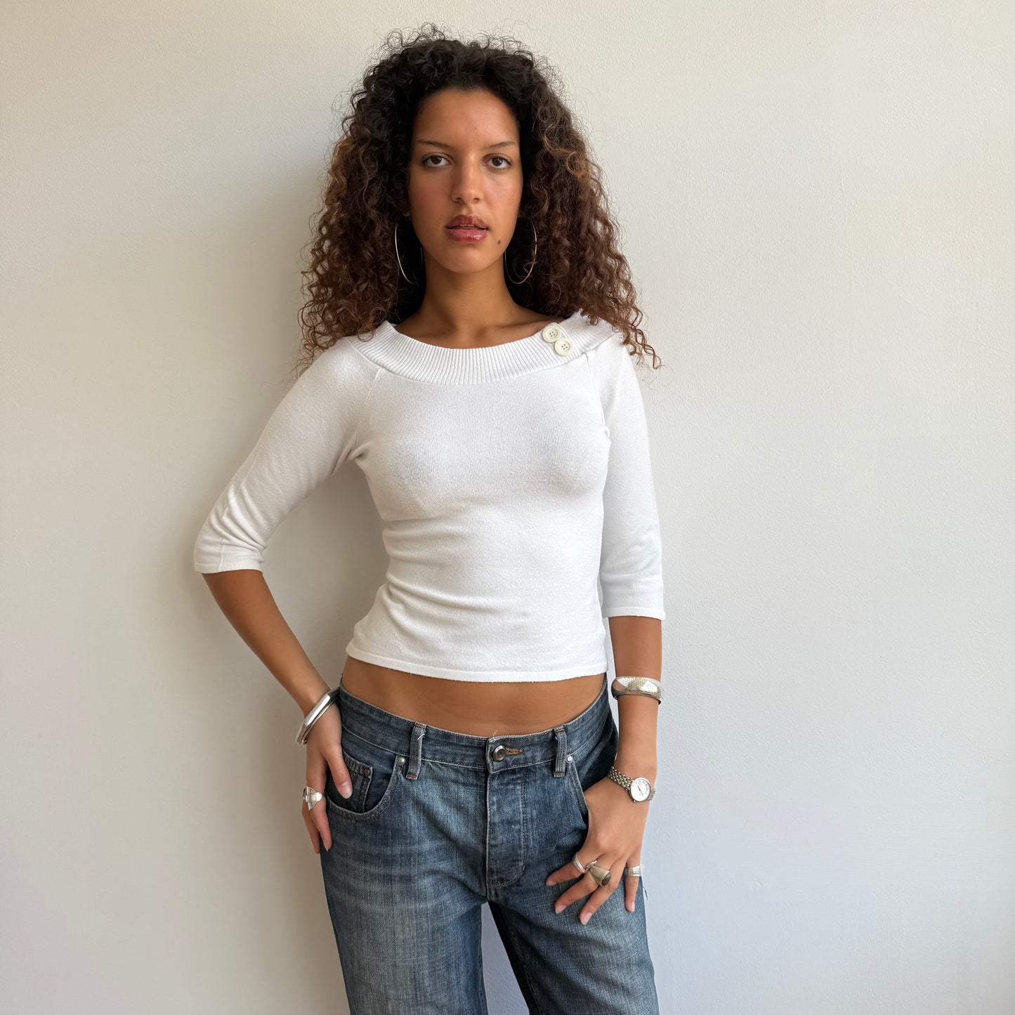 White 3/4 sleeve button knit -Size S