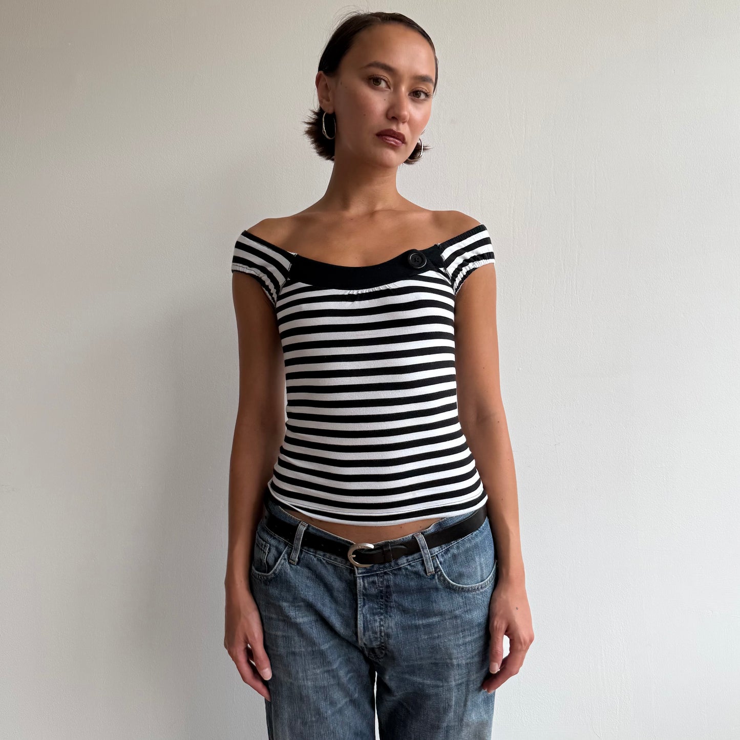 Black + white stripe button top - Size XXS/XS