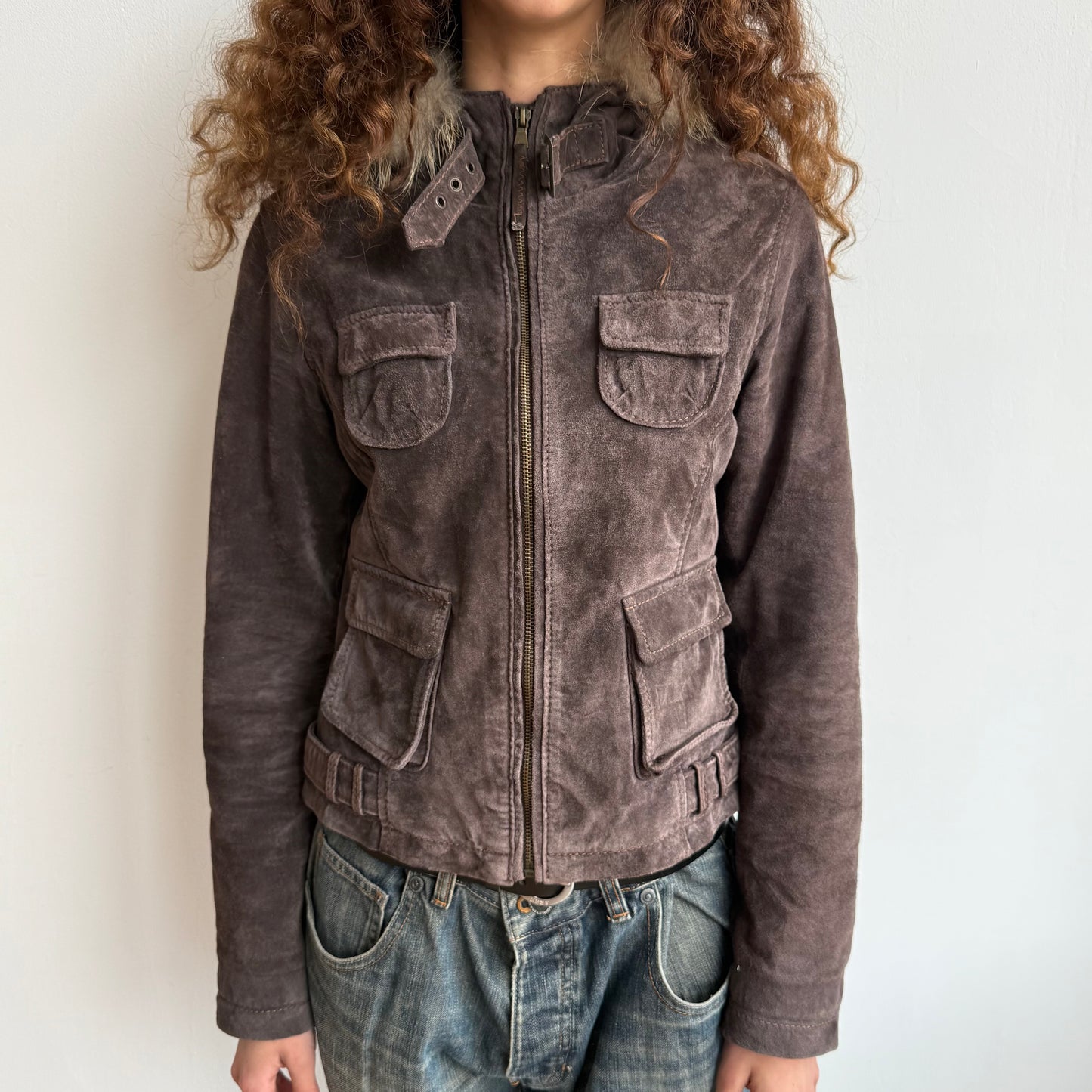 Brown suede fur hood bomber - Size S