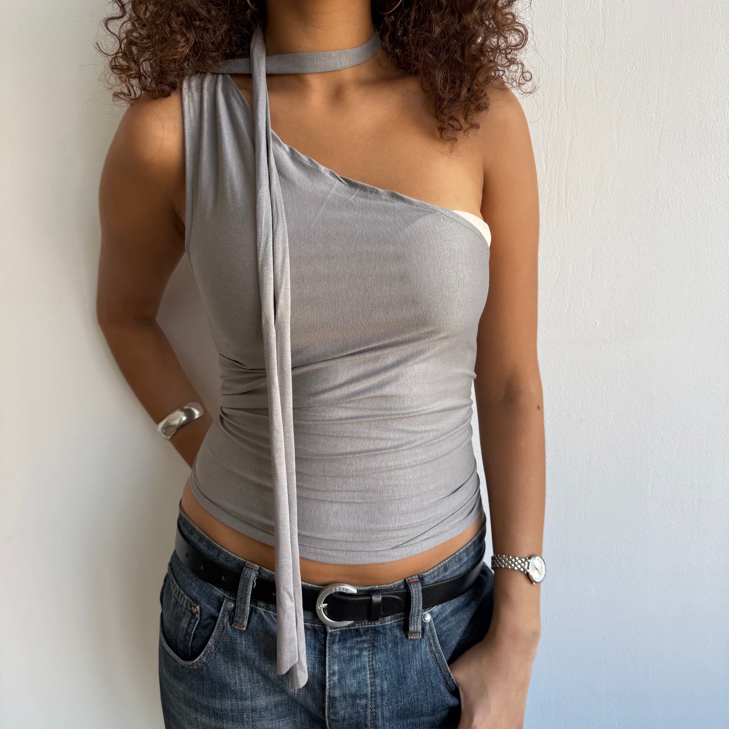 Grey neck tie top - Size XS