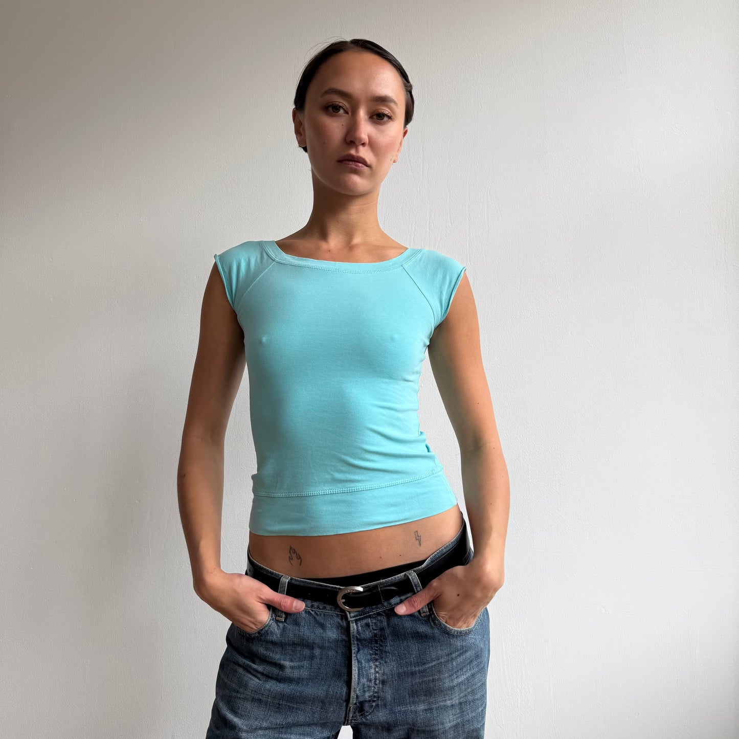 Teal Bardot baby tee - Size XS