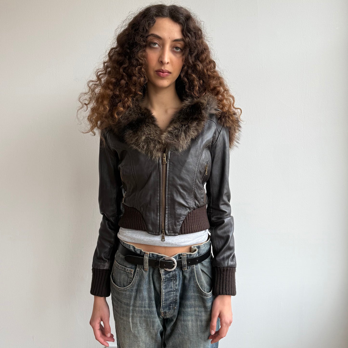 Brown leather fur hood bomber - Size S