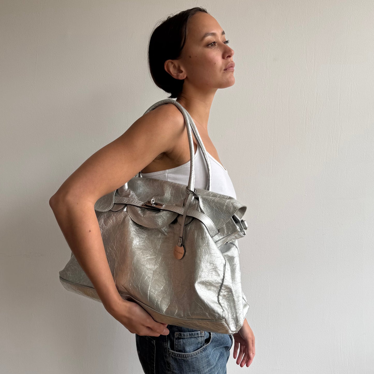 Silver leather ‘firkin’ bag - One Size
